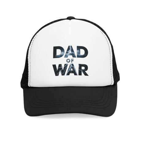 Black and white trucker hat with "Dad of War" text on the front.