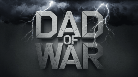 Bold 'Dad of War' title with thunder and lightning, representing strength and power from the Kratos-inspired collection.