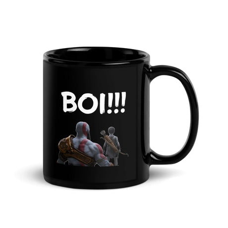 Black coffee mug featuring bold text "BOI!!!" with a warrior and child graphic.