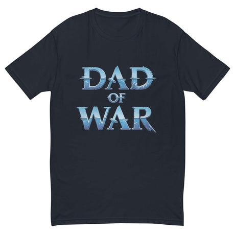 "Black t-shirt featuring blue and white 'Dad of War' graphic design."