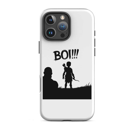 Silhouette phone case featuring a scene with two figures and the text "BOI!!!" in bold letters, designed for a modern smartphone.