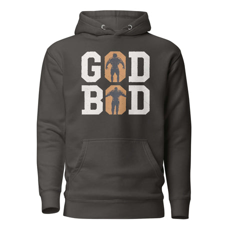 Black hoodie with "GOD BOD" design and silhouette graphics on front.