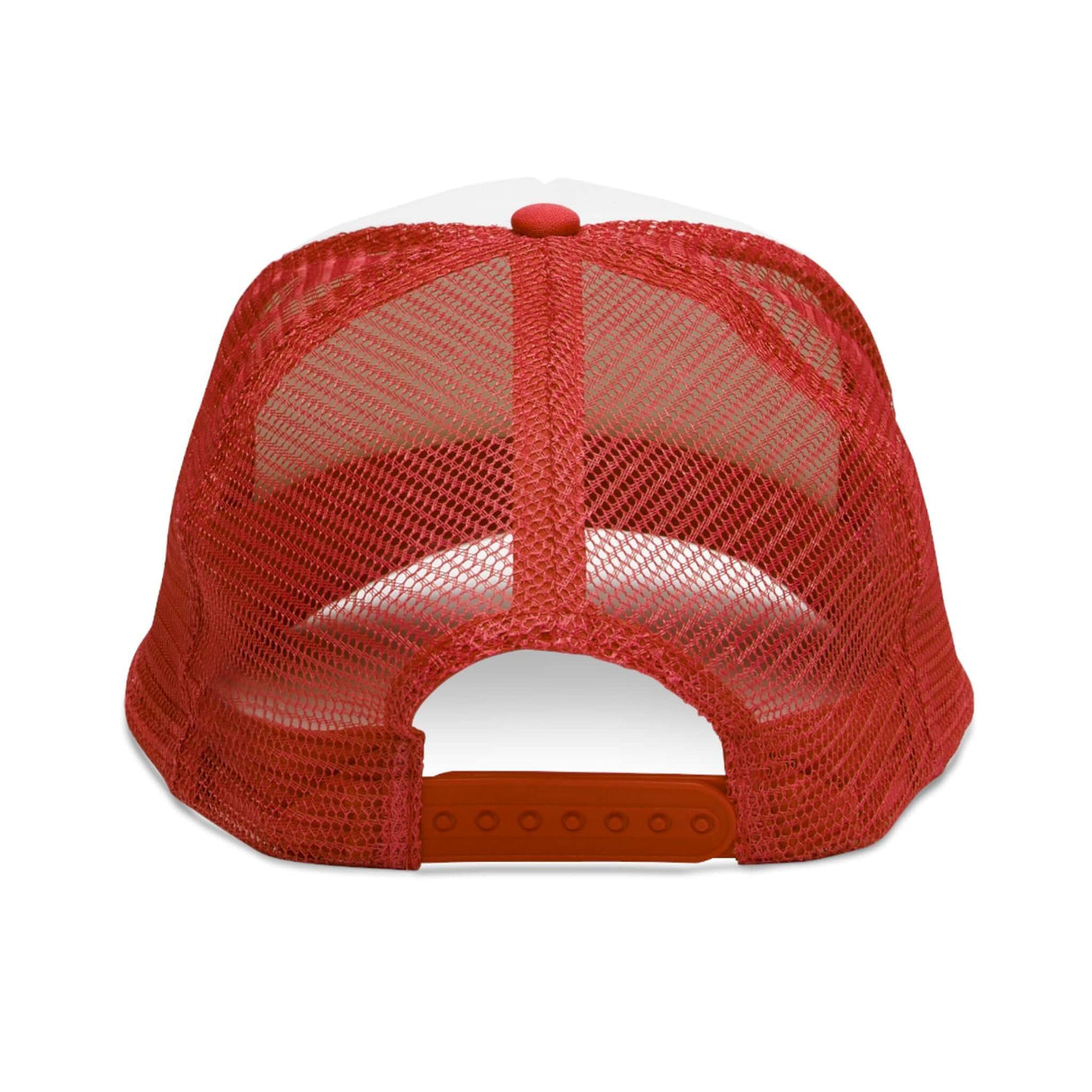 Back view of red mesh trucker hat with adjustable snap closure