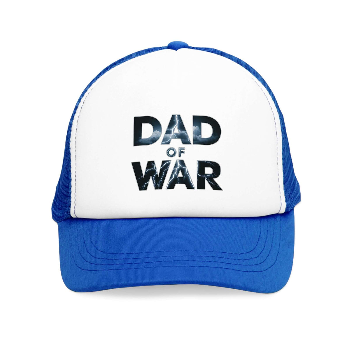 Thunderstrike 'Dad of War' trucker hat with bold text design, featuring lightning bolt accents, in blue and white color scheme.