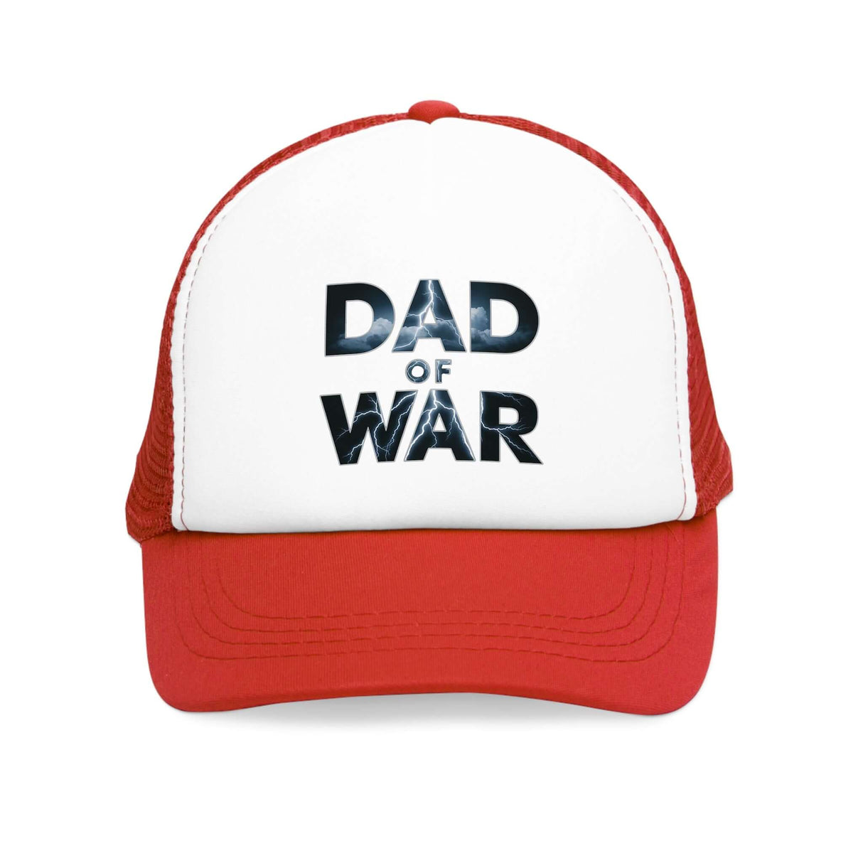 Red and white 'Dad of War' trucker hat with bold lettering.