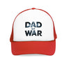 Red and white 'Dad of War' trucker hat with bold lettering.