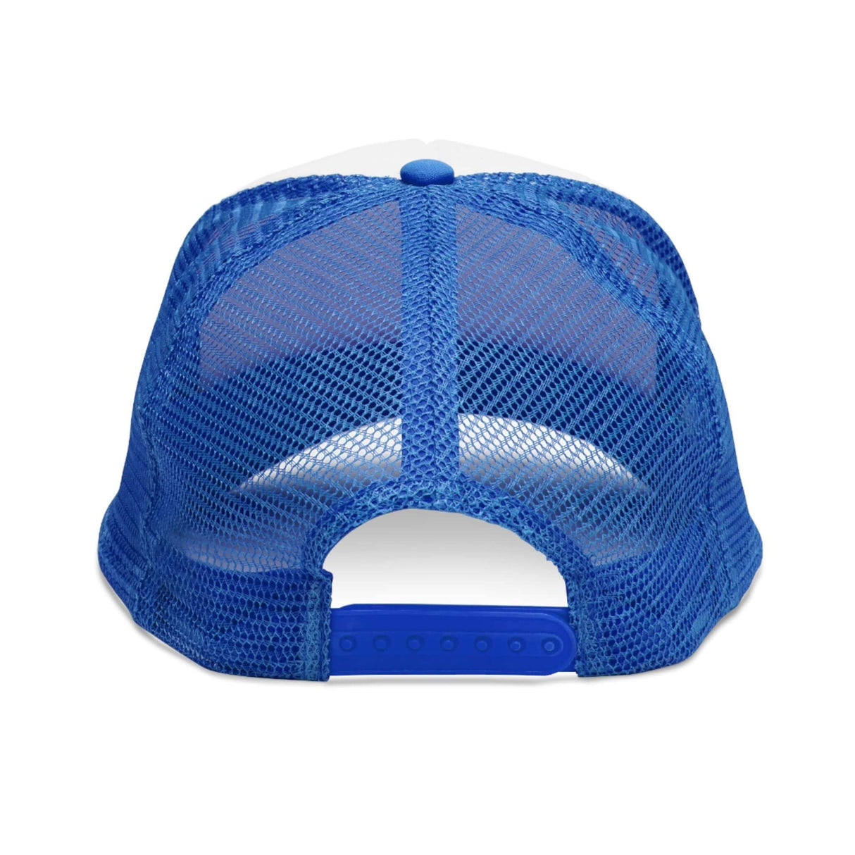 Blue mesh back of Thunderstrike 'Dad of War' Trucker Hat with adjustable snap closure.