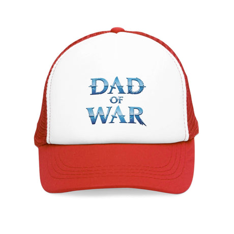 Red and white mesh cap with "Dad of War" text in blue, inspired by iconic video game themes, symbolizes strength and resilience.