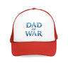 Red and white mesh cap with "Dad of War" text in blue, inspired by iconic video game themes, symbolizes strength and resilience.