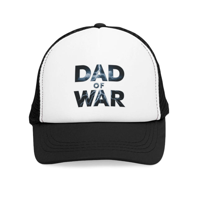 "Thunderstrike Dad of War trucker hat featuring bold lightning bolt text design on black and white cap"