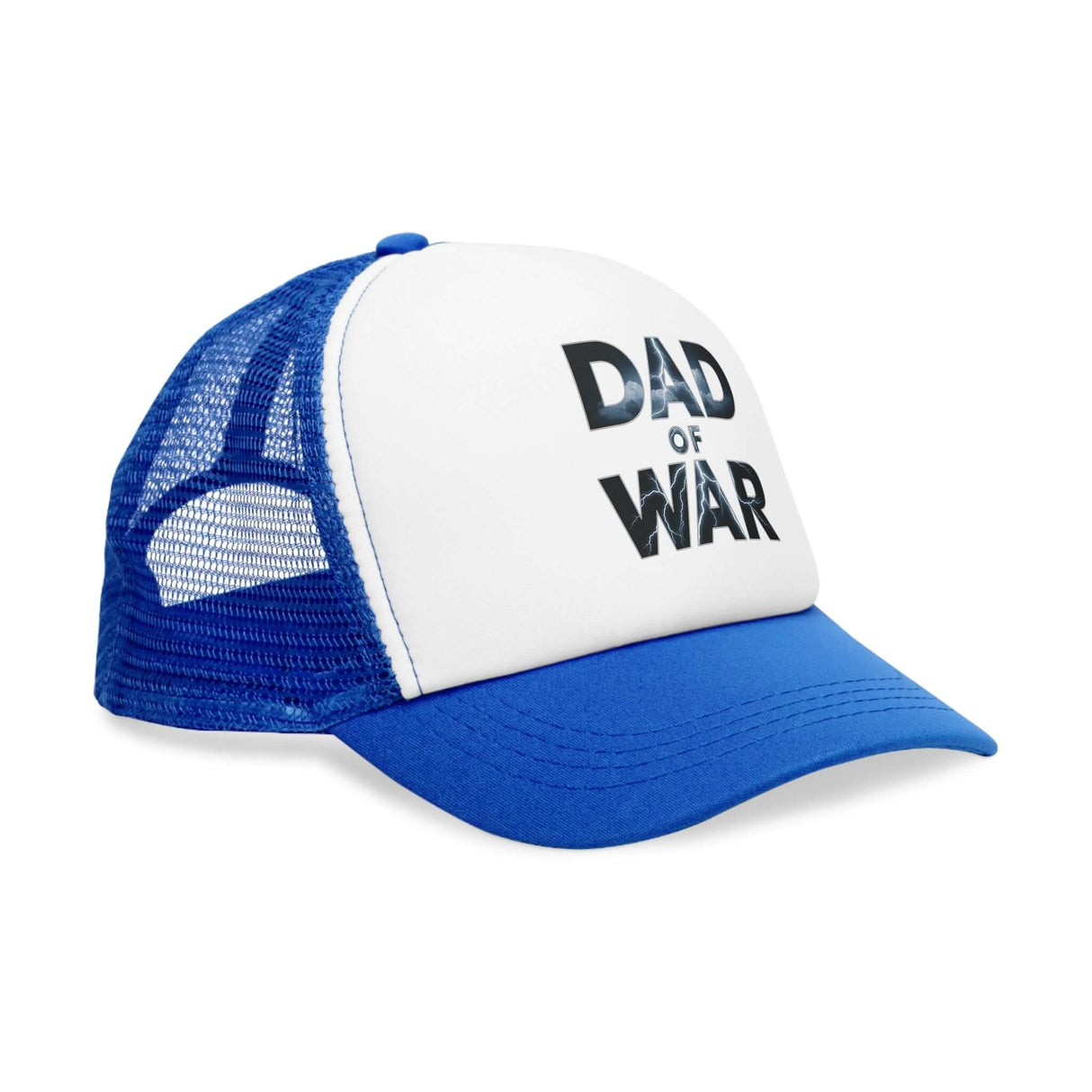 Blue and white trucker hat with "Dad of War" text design in bold letters on the front panel.