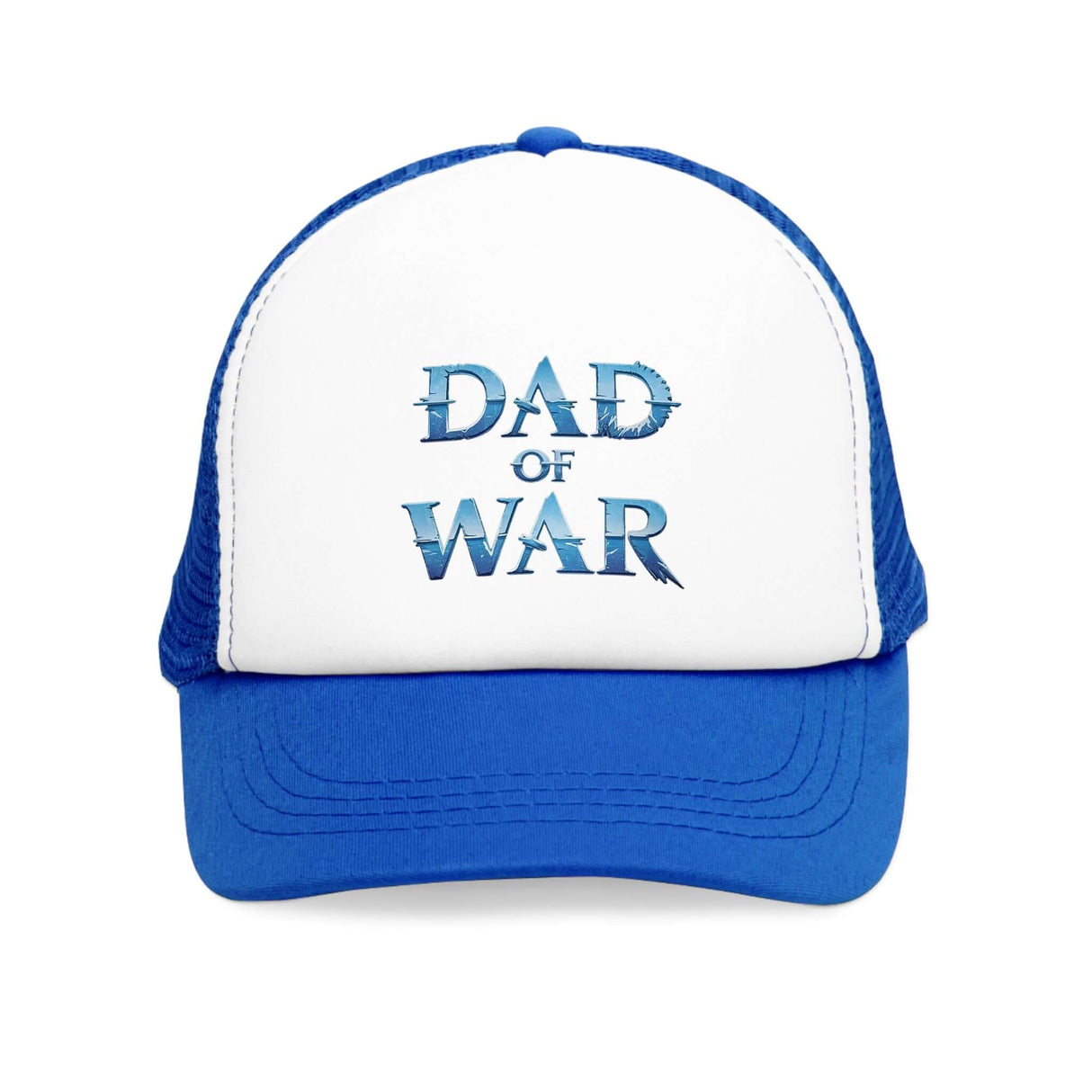 Blue and white mesh cap with "Dad of War" design, symbolizing strength and resilience for legendary warriors.