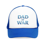 Blue and white mesh cap with "Dad of War" design, symbolizing strength and resilience for legendary warriors.