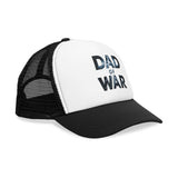 Thunderstrike 'Dad of War' Trucker Hat featuring dynamic lightning bolt text design on a sleek black and white cap.