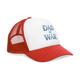 Red mesh cap with "Dad of War" in blue text on the front, symbolizing strength and resilience, inspired by iconic video game themes.