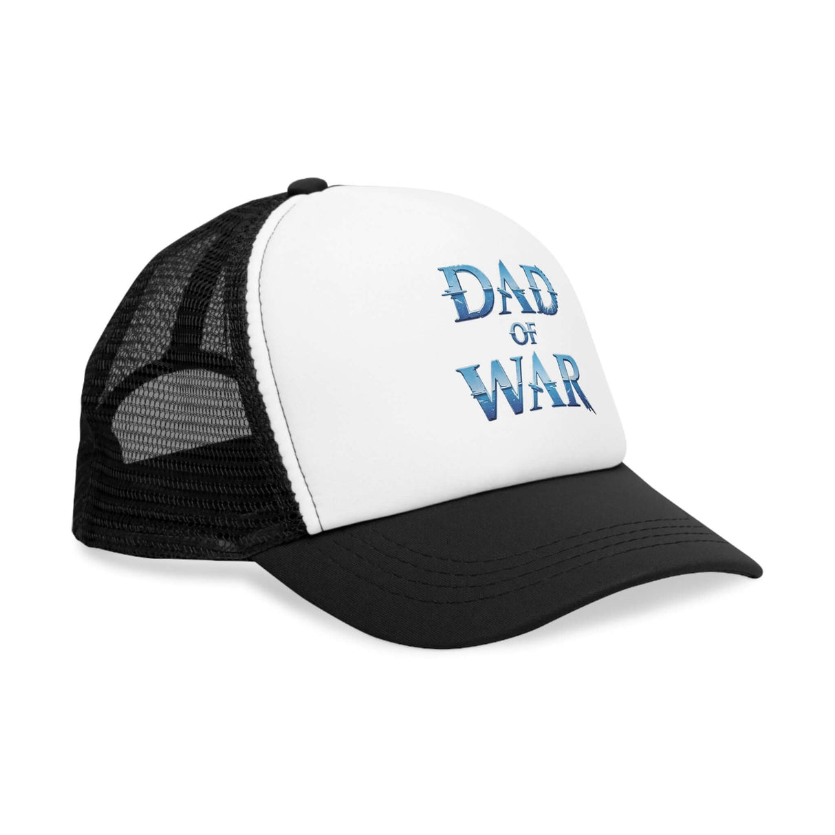 "Warrior's Pride 'Dad of War' mesh cap with striking blue logo, symbolizing strength and resilience, black and white stylish design"