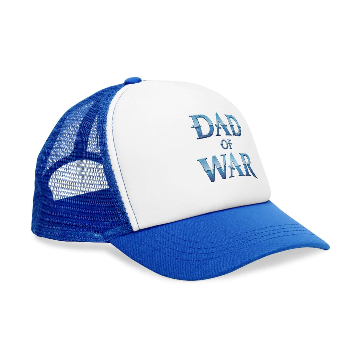 Mesh cap with 'Dad of War' text in blue on the front, design inspired by warrior themes, symbolizing strength and resilience.