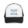 "Warrior's Pride 'Dad of War' mesh cap with blue lettering on black and white design, symbolizing strength and resilience, inspired by video games"