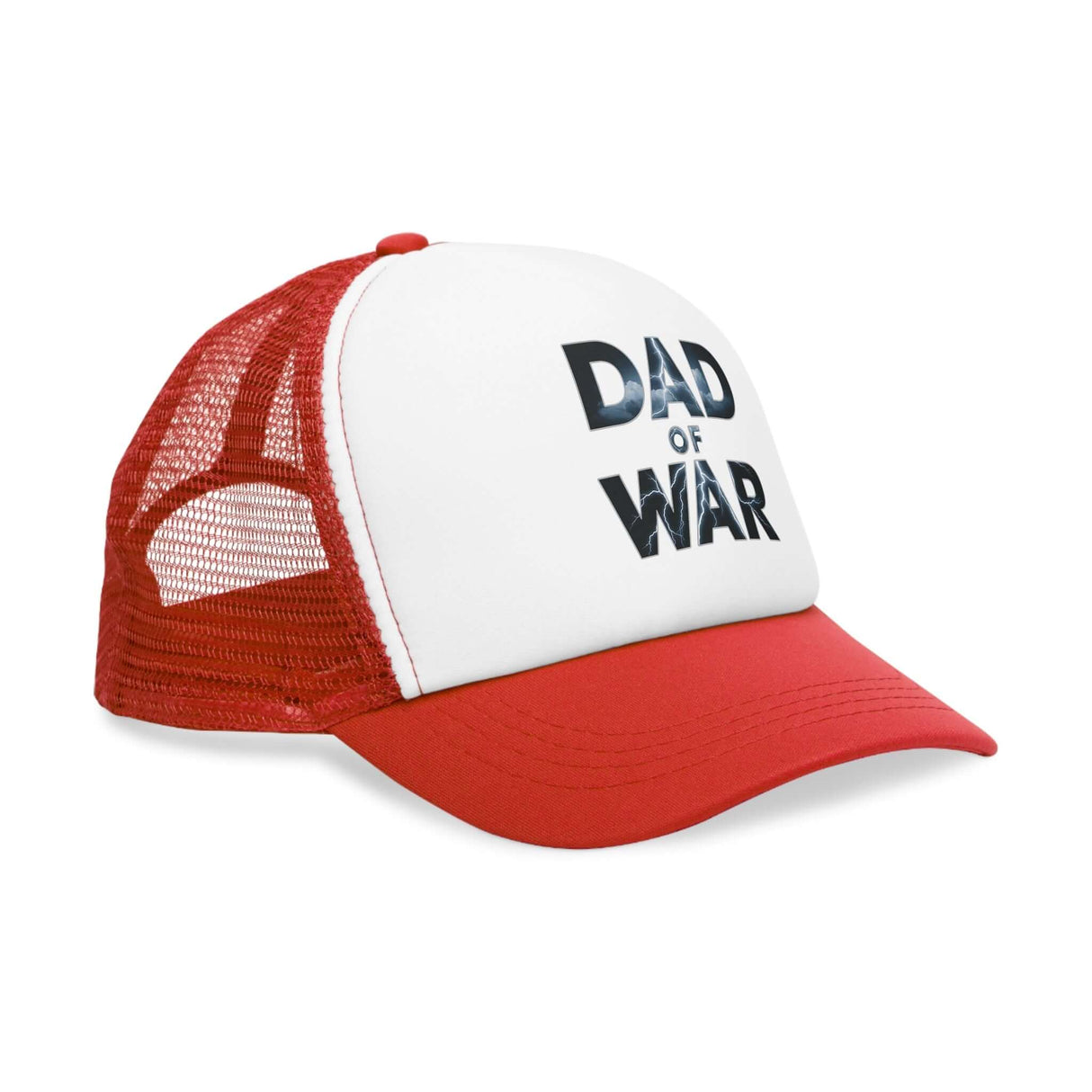 Thunderstrike 'Dad of War' trucker hat with bold text, white front panel, and red mesh backing, symbolizing strength and resilience.