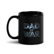 Black ceramic 'Dad of War' mug with lightning bolt text design, perfect for coffee lovers and fans of epic adventure.