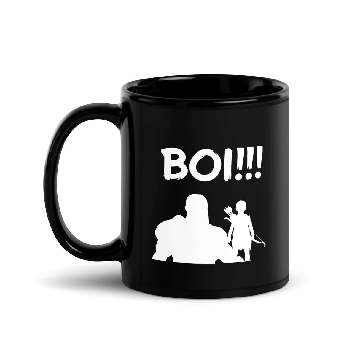 Black coffee mug with "BOI!!!" text and silhouettes of mentor and young archer in white design.