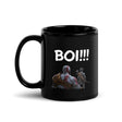 Black coffee mug featuring 'BOI!!!' text and silhouette of a mentor and protégé with bow, capturing adventurous spirit.