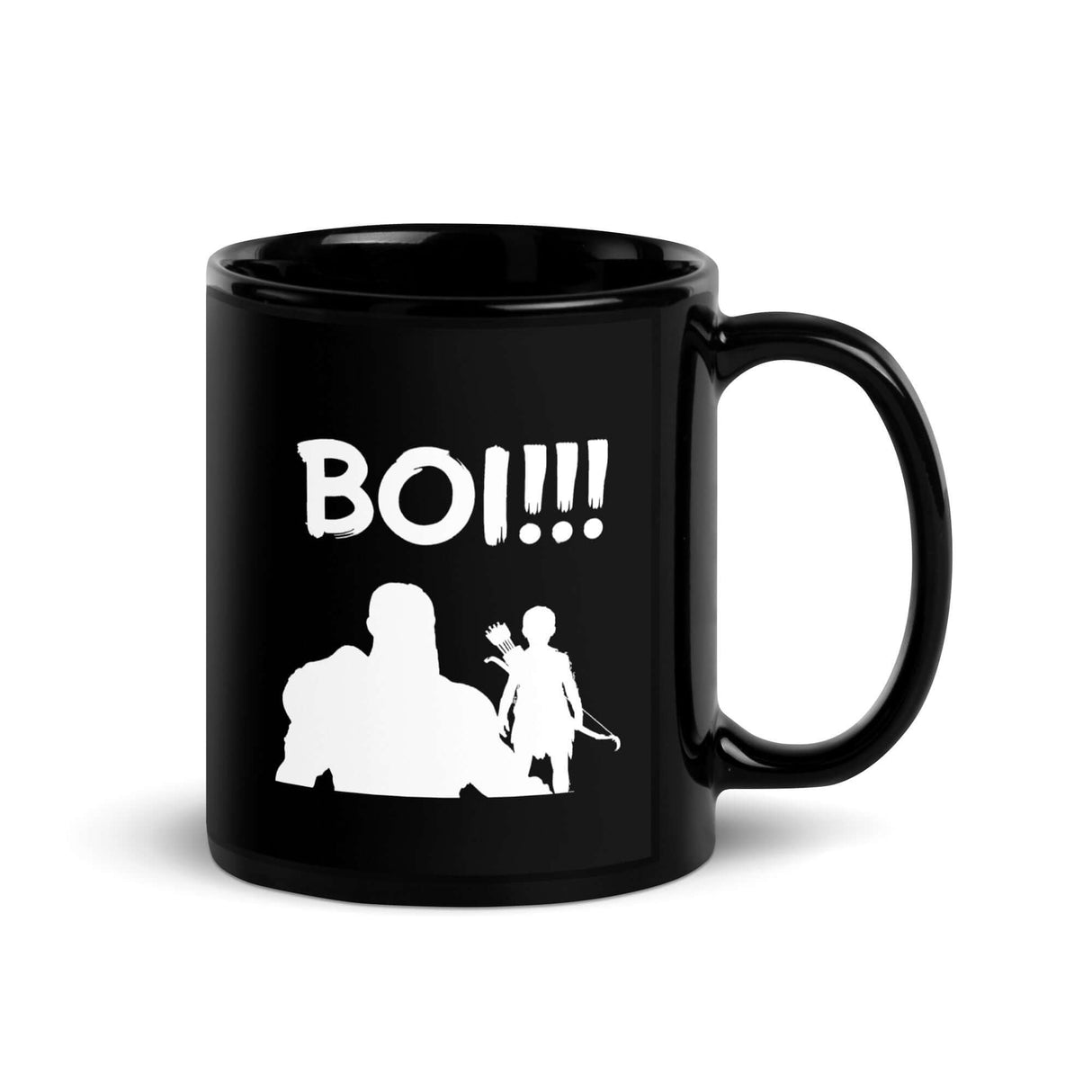 Black coffee mug with 'BOI!!!' text and silhouettes of a mentor and young archer, inspired design of growth and guidance.