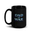 Black ceramic mug featuring the blue "Dad of War" design, inspired by epic tales and mystical adventures.