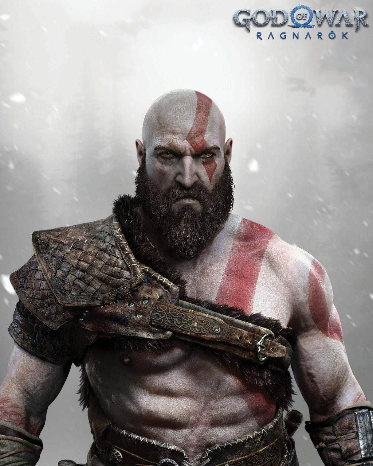 "Kratos from God of War Ragnarok with a fierce expression, featuring red tattoos and armor, snowy background with game logo"