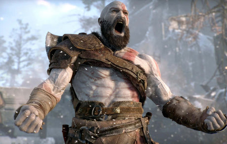 Kratos in Spartan Rage mode from God of War video game, snowy background.