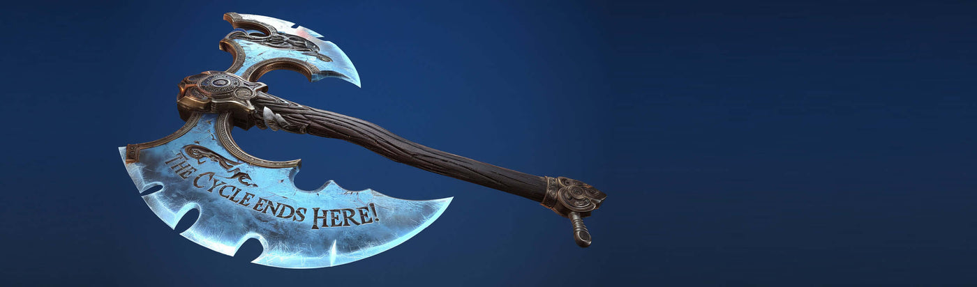 Decorative battle axe with engraved blade on a blue background.