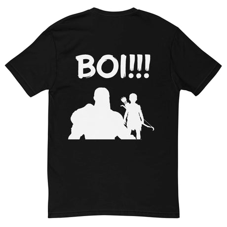 Black 'BOI!!!' t-shirt featuring a silhouette design of a mentor guiding a young protégé with a bow and quiver.