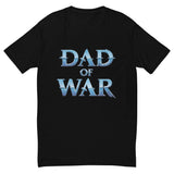 "Black t-shirt featuring 'Dad of War' in bold blue lettering, inspired by legendary warrior themes"