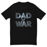 "Black 'Dad of War' t-shirt with lightning-inspired lettering on a dark background, symbolizing strength and epic tales."