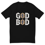 Black 'GOD BOD' shirt with ancient Greek font and muscular deity silhouettes, inspired by legendary strength and charisma.