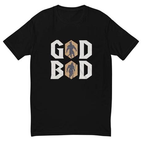 Black 'GOD BOD' shirt with ancient Greek font and muscular deity silhouettes, inspired by legendary strength and charisma.