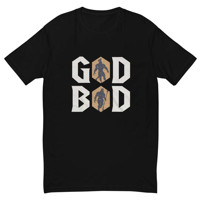 Black 'GOD BOD' shirt with ancient Greek font and muscular deity silhouettes, inspired by legendary strength and charisma.