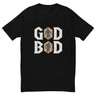 Black 'GOD BOD' shirt with ancient Greek font and muscular deity silhouettes, inspired by legendary strength and charisma.