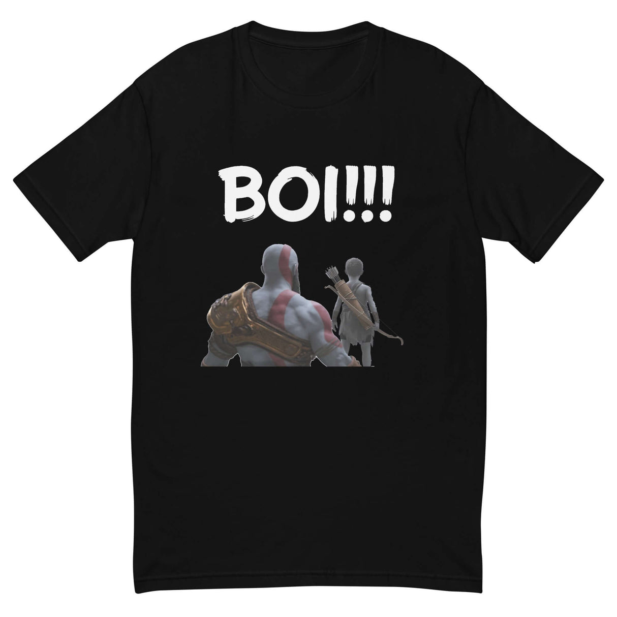 Black t-shirt featuring 'BOI!!!' text with dynamic silhouette design of a mentor and young protégé, bow and quiver in hand.