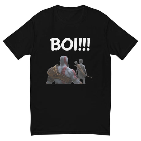 Black t-shirt featuring 'BOI!!!' text with dynamic silhouette design of a mentor and young protégé, bow and quiver in hand.