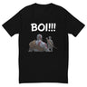 Black t-shirt featuring 'BOI!!!' text with dynamic silhouette design of a mentor and young protégé, bow and quiver in hand.