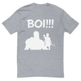 Gray t-shirt featuring a silhouette design of a mentor and protégé with a bow, inspired by Chris Judge, and bold text "BOI!!!".