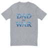 Gray t-shirt with blue "Dad of War" text design inspired by legendary battles