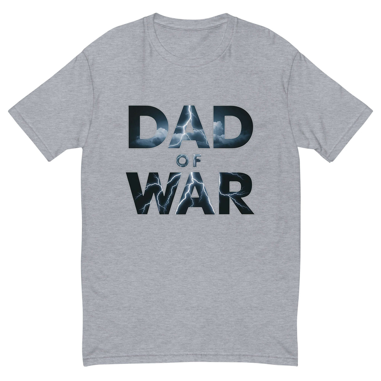 Thunderous Dad of War Lightning Shirt with bold lettering on a gray background, inspired by epic storms and untamed strength.