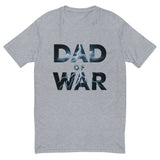 Thunderous Dad of War Lightning Shirt with bold lettering on a gray background, inspired by epic storms and untamed strength.