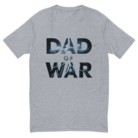 Thunderous Dad of War Lightning Shirt with bold lettering on a gray background, inspired by epic storms and untamed strength.