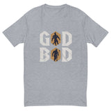 Olympian Strength GOD BOD shirt featuring muscular deity silhouettes in ancient Greek style on a gray background.