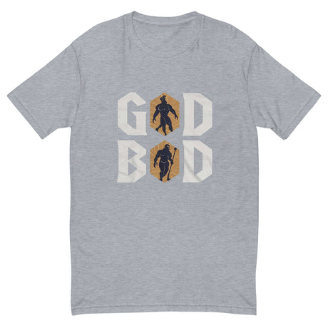 Olympian Strength GOD BOD shirt featuring muscular deity silhouettes in ancient Greek style on a gray background.