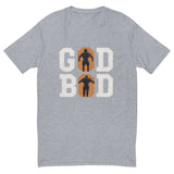 Heroic Essence 'GOD BOD' t-shirt with Greek athlete silhouettes, bold white letters on gray fabric.