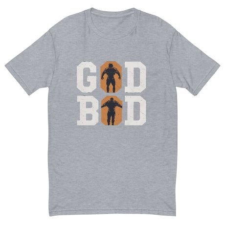 Heroic Essence 'GOD BOD' t-shirt with Greek athlete silhouettes, bold white letters on gray fabric.